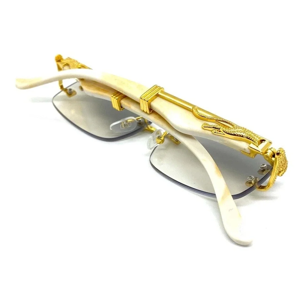 Mens Rimless Rectangle Clear Sunglasses Gold Cream Marble Gray Gradient Lens New